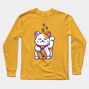 Cute Lucky Cat Sleeping With Gold Coin Cartoon Long Sleeve T-Shirt